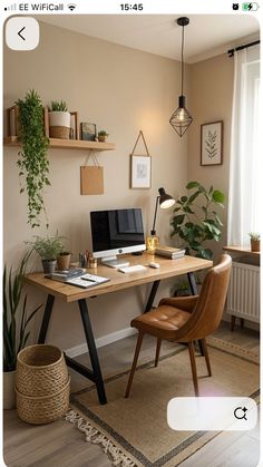 a desk with a computer on top of it next to a plant and potted plants