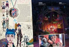 an open book with pictures of people and characters on the pages, in front of a stage