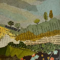 a piece of art with words on it and trees in the background that is collaged together