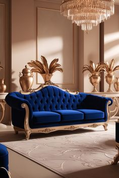 a blue couch sitting on top of a white rug next to a chandelier