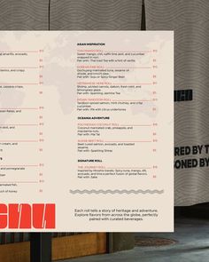 the menu is on display in front of a wall with information about what it's like to eat