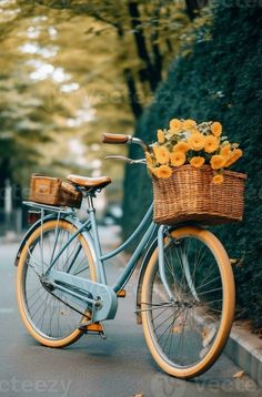 Waiting for owner Closeup of bicycle with flowers in the basket standing on the road outdoors, Generative AI