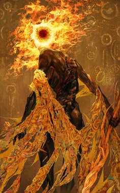 a painting of a man with flames in his hands