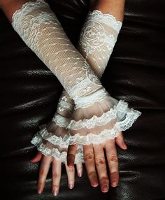 These are beautiful. Victorian Style Gloves, White Lace Dresses With Lace Cuffs, White Lace Victorian Accessory, Vintage Lace Gloves On Book, White Lace Cuff Accessory, Fashionable Lace Gloves, Lacy Cuff Accessory, Victorian Lace Cuffs, Vintage Lace Glove With Flowers