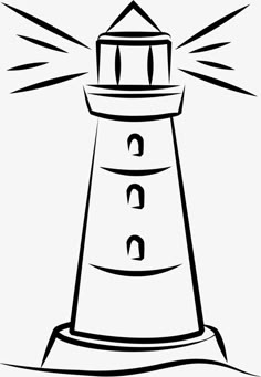 a black and white drawing of a lighthouse on the beach with sun rays coming from it