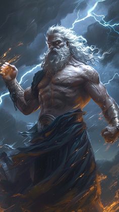 a man with long white hair and beard standing in front of lightning
