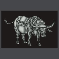 an animal that is standing in the middle of a black and white photo, with intricate designs on it's body