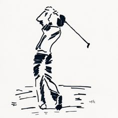 a black and white drawing of a person playing golf