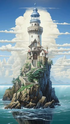 a painting of a lighthouse on top of a rock in the ocean