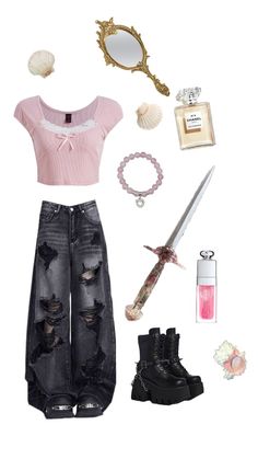 a woman's outfit and accessories are arranged on a white background