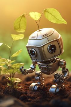 funny cute robot helping in the garden
