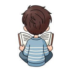 a boy sitting down reading a book with his back turned to the camera and holding an open book in his hands