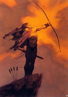 a painting of a man holding a bow and arrow on top of a rock with the sun in the background