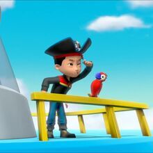 a cartoon character standing on a bench next to a bird and an object in the background