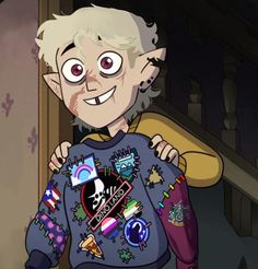 an old man with white hair wearing a blue shirt and holding a baseball bat in his right hand