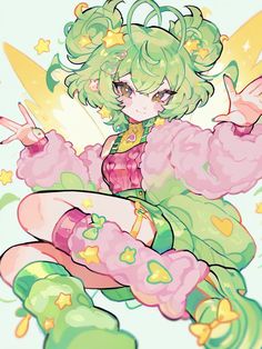 Pixie Anime, Green And Pink Characters, 3d Bubble Art Style, Pink And Green Character, Pixie Oc, Pink And Green Art Style, Colorful Oc, Flower Oc, Fairy Oc