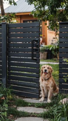 a golden retriever sitting in front of a black gate