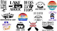 lake decals and stickers are shown in various colors, shapes, and sizes