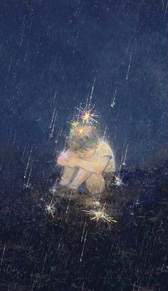 two people hugging under an umbrella in the rain with sparkles on them and one person holding an umbrella