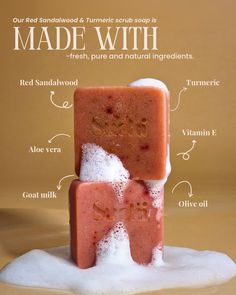 two soap bars stacked on top of each other with ingredients labeled in front of them