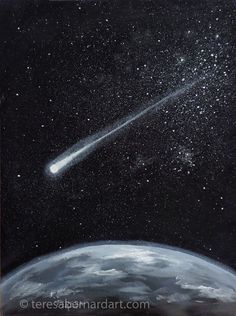 Astronomy enthusiasts, whether amateur or expert, will appreciate this space painting which depicts a comet traveling along its path past a faraway planet. Comet Path, Comet Path Drawing, Comet Path Drawing Easy, How To Draw A Comet Path, Path Of The Comet, Painting Of Planets, Easy Space Paintings, Planet Artwork, Space Paintings Easy