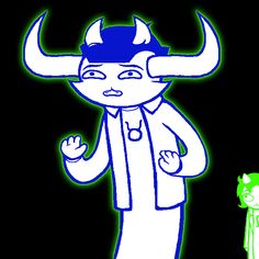 an image of a cartoon character with horns on his head and a green cat standing next to him