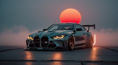 a car is shown with the sun in the background