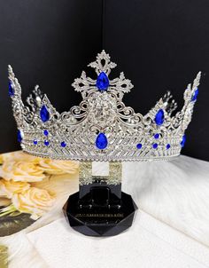 King Crown, Blue Diamond Crown Men, Blue And Silver Crown, Sweet 16 Royal Blue Silver Crown, Royal Blue Quince Crown Silver, Blue Prince Crown, Blue King Crown, Metal Crown With Blue Stones, Royal Blue Crown