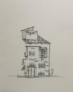 an ink drawing of a house with a balcony and balconies on the roof