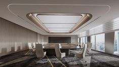 an empty conference room with white chairs and a large table in front of a window