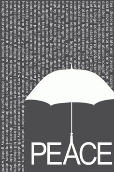 a white umbrella with the word peace over it in front of a blue and white background