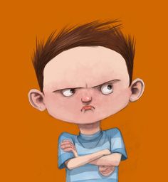 a drawing of a young boy with his arms crossed, staring at the camera while standing in front of an orange background