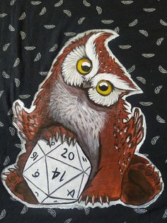 an owl is holding a d20 dice