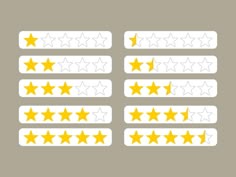five stars are shown on the side of a white and yellow sticker sheet with four different colors