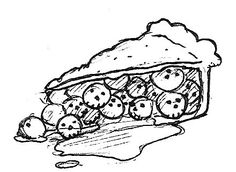 a piece of pie with apples and cream on the side, drawn in black and white