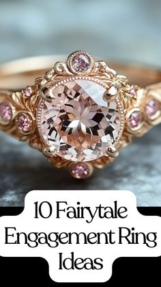 A rose gold engagement ring with intricate floral details, featuring a sparkling pink gemstone center and smaller pink accents for a fairytale-inspired design.