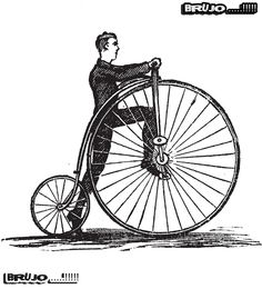 a man riding on the back of an old fashioned penny - wheel bicycle, vintage line drawing or engraving illustration
