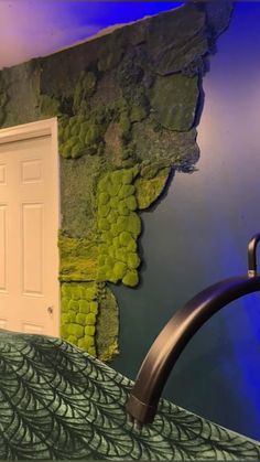 a bedroom with a green wall and door
