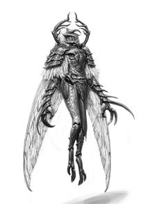 a black and white drawing of a creature with wings on it's back legs