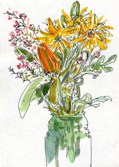 a watercolor painting of flowers in a vase