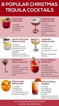 the 8 popular christmas cocktails info sheet is shown in red and white with text