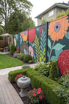 a garden with flowers painted on the fence