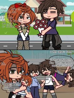 two cartoon characters one is holding flowers and the other is kissing