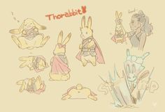 some drawings of rabbits and other animals on a beige background with the words thobatt written in red