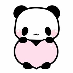 a panda bear holding a pink heart with its eyes closed and nose wide open, on a white background