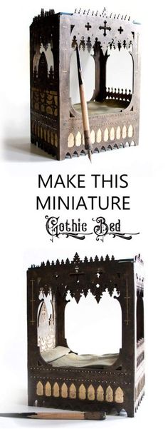 an image of a miniature bed made out of wood and paper with the words make this miniature furniture gothic bed