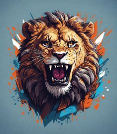 a lion with its mouth open and it's teeth wide open, on a blue background