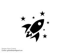 a black and white drawing of a rocket ship with stars around it on a white background
