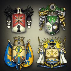 four coats of arms with different colors and designs