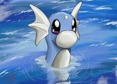 a blue and white cartoon character in the water with its mouth open, looking at something